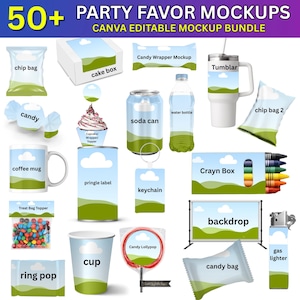May include: A collection of party favor mockups, including a chip bag, cake box, candy wrapper, tumbler, soda can, water bottle, coffee mug, keychain, crayon box, backdrop, candy bag, ring pop, and more. The text reads "50+ PARTY FAVOR MOCKUPS CANVA EDITABLE MOCKUP BUNDLE."