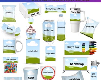 May include: A collection of party favor mockups, including a chip bag, cake box, candy wrapper, tumbler, soda can, water bottle, coffee mug, keychain, crayon box, backdrop, candy bag, ring pop, and more. The text reads "50+ PARTY FAVOR MOCKUPS CANVA EDITABLE MOCKUP BUNDLE."
