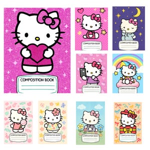 May include: Collection of composition notebooks featuring the character Hello Kitty in various poses and settings. Each notebook has a different background color, including pink, purple, and blue, and the words "COMPOSITION BOOK" are printed on each cover.