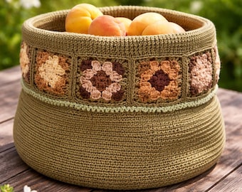 May include: A handmade crochet basket in olive green, filled with ripe apricots. The basket features a decorative band of floral squares in shades of brown and beige, adding a touch of rustic charm. Perfect for kitchen or home decor.