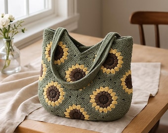 Patrón de bolso de ganchillo cuadrado con diseño de girasoles (descarga en PDF)