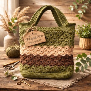 Könnte beinhalten: Handgefertigte Häkeltasche in Grün-, Beige- und Brauntönen. Die Tasche hat ein strukturiertes Stichmuster und stabile Griffe. Ein Anhänger mit dem Text "SKDigitalsStore" ist angebracht. Die Tasche wird auf einer Holzoberfläche präsentiert.