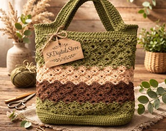 Modello per borsa all'uncinetto / Borsa da mercato con punto conchiglia bicolore (download PDF)