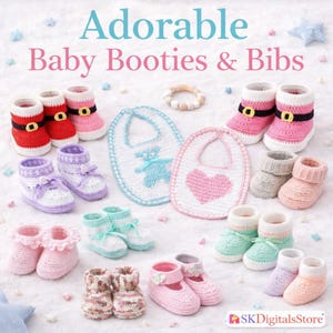 May include: A selection of charming, hand-crocheted baby booties and bibs. The image showcases various booties in red, pink, purple, and mint green, alongside coordinating bibs. The text "Adorable Baby Booties & Bibs" is displayed at the top.