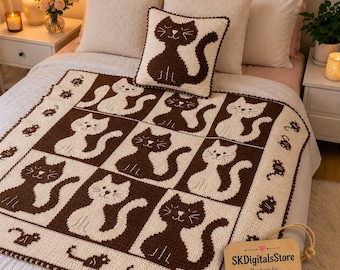Crochet Cat Blanket Pattern | Checkerboard Cat & Mouse Afghan and Pillow PDF | Easy Beginner Crochet Throw | Digital Download