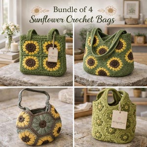 Puede incluir: Un conjunto de cuatro bolsos de ganchillo con diseños de girasoles. Los bolsos son de varias formas y tamaños, con esquemas de color verde, amarillo y marrón. El texto "Bundle of 4 Sunflower Crochet Bags" está en la parte superior.