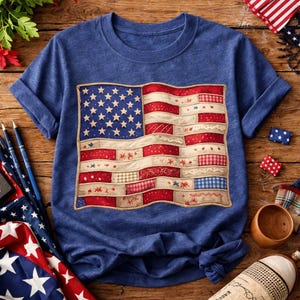Op de afbeelding: Blauw T-shirt met een gedetailleerd ontwerp van de Amerikaanse vlag. De vlag is samengesteld uit verschillende patronen van stof in rood, wit en blauw, met sterren en strepen. Het shirt heeft opgerolde mouwen en een ronde hals.
