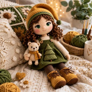 Pode incluir: Uma boneca de crochê feita à mão com cabelo castanho encaracolado, usando um gorro amarelo mostarda, um vestido verde-escuro com aplicação de árvore e botas castanhas. A boneca segura um pequeno urso de crochê bege com um cachecol.