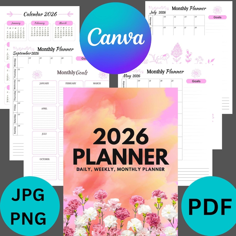 Editable 2026 Planner Template, Printable Planner, Daily Weekly Monthly