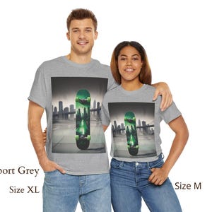 Green Skateboard Cityscape T-Shirt, Sport Grey Gildan 5000 Tee, Urban Skater Graphic Shirt, Cool Streetwear Gift, Unisex Skater Tee