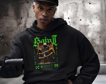 Saint Angel Graphic Hoodie – Gothic Neon Streetwear Pullover