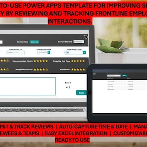 Puede incluir: Una captura de pantalla de una computadora que muestra una plantilla de Power Apps para revisar y rastrear las interacciones de los empleados de primera línea. La plantilla incluye una sección para calificar diferentes aspectos de la interacción, como el saludo, la claridad de la comunicación, la empatía y la puntualidad. También hay una sección para agregar comentarios y una puntuación. La plantilla también incluye una sección para administrar los revisores y los equipos. El texto en la pantalla dice "ENVIAR Y SEGUIR LAS REVISIONES | CAPTURA AUTOMÁTICA DE HORA Y FECHA | ADMINISTRAR LOS REVISADOS Y LOS EQUIPOS | FÁCIL INTEGRACIÓN DE EXCEL | PERSONALIZABLE Y LISTO PARA USAR."