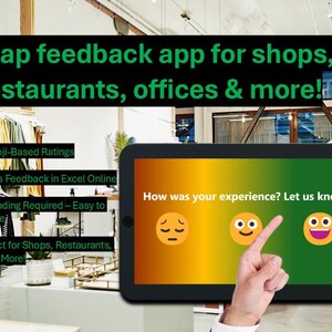 Może przedstawiać: Ekran tabletu wyświetlający aplikację do zbierania opinii z trzema opcjami emoji: smutną buźką, neutralną buźką i uśmiechniętą buźką. Tekst na ekranie brzmi: „Jak oceniasz swoje doświadczenie? Daj nam znać!" Aplikacja jest przeznaczona dla sklepów, restauracji, biur i innych miejsc. Oferuje 3 oceny oparte na emoji, przechowuje opinie w Excelu online, nie wymaga kodowania i jest łatwa w konfiguracji.