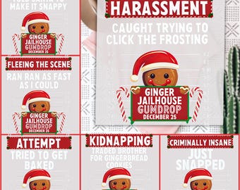 May include: A digital transfer design featuring a gingerbread man wearing a Santa hat, holding a sign that reads "Ginger Jailhouse Gumdrop December 25." The design includes text about various "crimes" like bullying and harassment.