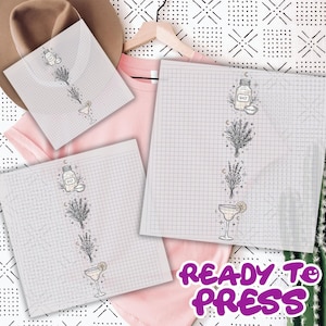 May include: Three square white sheets with a grid pattern, each featuring a vertical line drawing of a salt shaker, a bundle of herbs, a sprig of lavender, and a cocktail glass with a lemon slice. The text READY TO PRESS appears in purple.