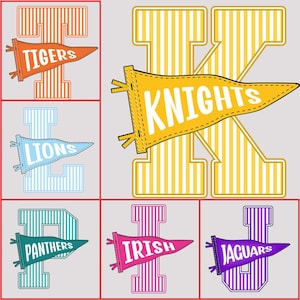 May include: A graphic design featuring six large block letters, each overlaid with a pennant flag. The pennants display the words TIGERS, KNIGHTS, LIONS, PANTHERS, IRISH, and JAGUARS in white text. Each letter and pennant pair features a unique color scheme including orange, yellow, light blue, teal, pink, and purple with striped patterns.