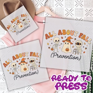 May include: Three square white sheets with a grid pattern featuring the text ALL ABOUT FALL (Prevention) in orange and brown. The graphic includes a skeleton, a ghost wearing a witch hat, and a mummy with a walker, all holding pumpkins.