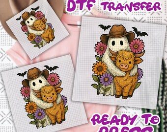 Retro Cute Ghost And Highland Cow DTF Transfer,Spooky Cowboy Ghost Dtf,Floral Autumn Western Cow Dtf,Country Halloween Boo Ghost Dtf
