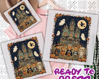 Vintage 90s Bears Halloween DTF Transfer,  Trick or Treat Bears Dtf, Haunted House Graphic Dtf, Pumpkin Lover Gift Dtf,