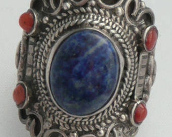 Vintage Nepal Silver Ring with Coral and Lapis Lazuli