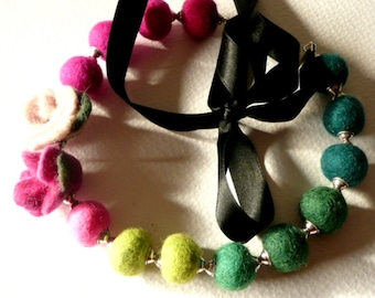FREE SHIPPING  Hand made Felt Necklace in dark green, light green, rose and fuchsia colour balls with Tibet silver ball caps and charms