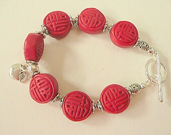 FREE SHIPPING! Red Cinnabar Beads Bracelet, Carved Lacquerware, Flat Round, with Tibet Silver caps and Charms