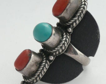 Vintage Silver Ring con Coral and Turquoise,