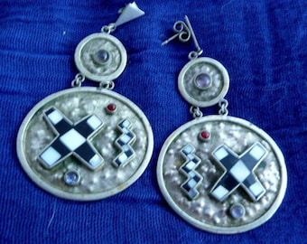 Silver  stud and chandelier Earrings Inlaid with onyx, amethyst,carnelian and mother of pearl