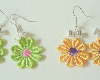 FREE SHIPPING! Daisy Lace Earrings with metal Bowknot  Green,Pink,  Yellow ,Multicolor