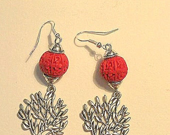 Red Cinnabar Earrings with Tibet Silver Lucky Tree