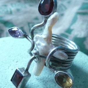 New! Vintage Multi stone sterling silver ring,citrine,garnet,amethyst ring,includes natural pearl.
