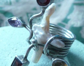 New! Vintage Multi stone sterling silver ring,citrine,garnet,amethyst ring,includes natural pearl.