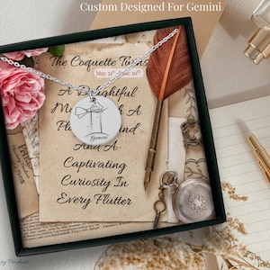 Collier Zodiaque Coquette Jumeaux | Cadeau Gémeaux à graver | Charm et carte à message de jumeaux délicats | Bijoux d'amour de soi d'astrologie féminine pour elle