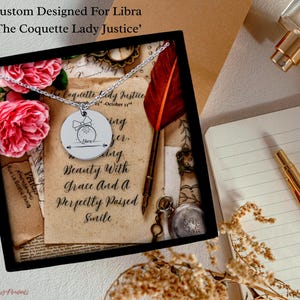 Coquette Libra Zodiac Necklace | Engravable Libra Gift | Dainty Lady Justice Charm And Message Card | Feminine Astrology Jewelry For Her
