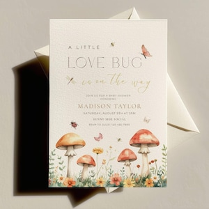 Love Bug Baby Shower Invitation, A Little Love Bug Is On The Way Invite, Wildflower Mushroom Baby Shower, Gender Neutral, Canva Template