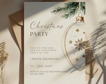Può includere: Un invito a una festa di Natale color crema con una scritta elegante e un design di ornamento ad acquerello. L'invito include i dettagli per la festa annuale al Crystal Ballroom il 20 dicembre.