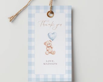 We Can Bearly Wait Baby Shower Thank You Tag, Baby Shower Thank You Gift Tag, Baby Boy, Digital Download, Editable Canva Template