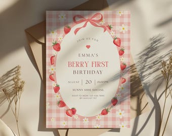 Plantilla de invitación para primer cumpleaños con diseño de bayas, invitación de cumpleaños con fresas, invitación digital, diseño de cuadros vichy, editable, Canva