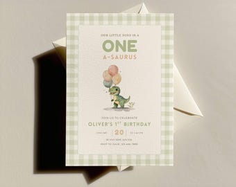 May include: A birthday invitation with a watercolor illustration of a green dinosaur holding balloons. The text reads "Our Little Dino is a One A-Saurus" and details for Oliver's 1st birthday, including the date, time, and RSVP information.