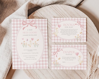 May include: Baby shower invitations and cards with a pink gingham pattern. The main invitation reads "A New Silly Goose is Almost on the Loose." Other cards include "Books for Baby" and "Diaper Raffle" with goose and floral illustrations.
