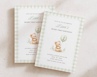 Beary First Birthday Invitation, 1st Birthday Invitation Template, Teddy Bear Digital Invite, Sage Green Gingham, Gender Neutral, Canva
