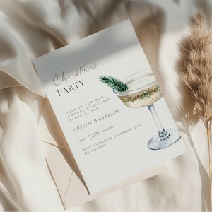 May include: A Christmas Party invitation with a watercolor illustration of a cocktail glass with a sprig of evergreen. The invitation includes the text "Christmas PARTY" and event details: date, time, and RSVP information.