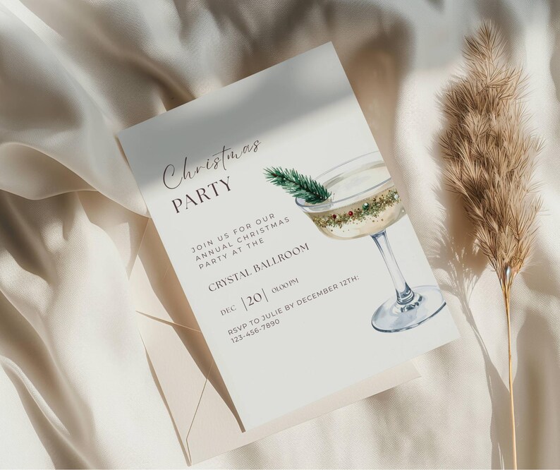 May include: A Christmas Party invitation with a watercolor illustration of a cocktail glass with a sprig of evergreen. The invitation includes the text "Christmas PARTY" and event details: date, time, and RSVP information.