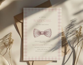 Pink Bow Baby Shower Invite, A Sweet Baby Girl Is On Her Way Shower Invitation, Gingham Digital Invite, Editable Canva Template