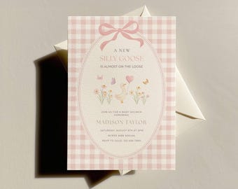 Dumme Gans ist fast auf freiem Fuß Babyparty einladen, Gans-Babyparty, rosa, Baby-Mädchen-Dusche, digitale Einladung, Gingham, Canva-Vorlage