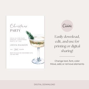 May include: A digital Christmas party invitation with a watercolor illustration of a champagne cocktail. The invitation includes the text "Christmas PARTY", event details, and the Canva logo. The invitation is a digital download.