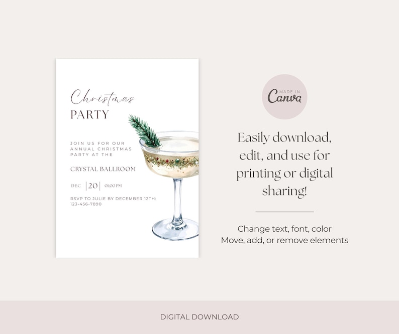 May include: A digital Christmas party invitation with a watercolor illustration of a champagne cocktail. The invitation includes the text "Christmas PARTY", event details, and the Canva logo. The invitation is a digital download.