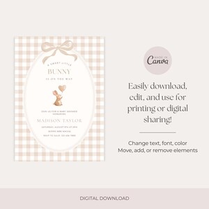 May include: A baby shower invitation with a beige gingham background. The invitation features an oval frame with a bow at the top and a watercolor bunny holding a heart-shaped balloon. Text includes "A Sweet Little Bunny is on the Way."