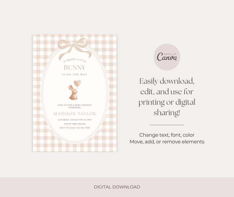 May include: A baby shower invitation with a beige gingham background. The invitation features an oval frame with a bow at the top and a watercolor bunny holding a heart-shaped balloon. Text includes "A Sweet Little Bunny is on the Way."