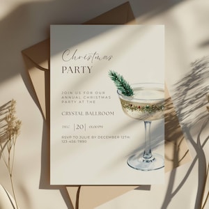 May include: A cream-colored Christmas party invitation with elegant script. The invitation features a watercolor illustration of a cocktail garnished with greenery. Text includes "Christmas PARTY," date, time, and RSVP information.